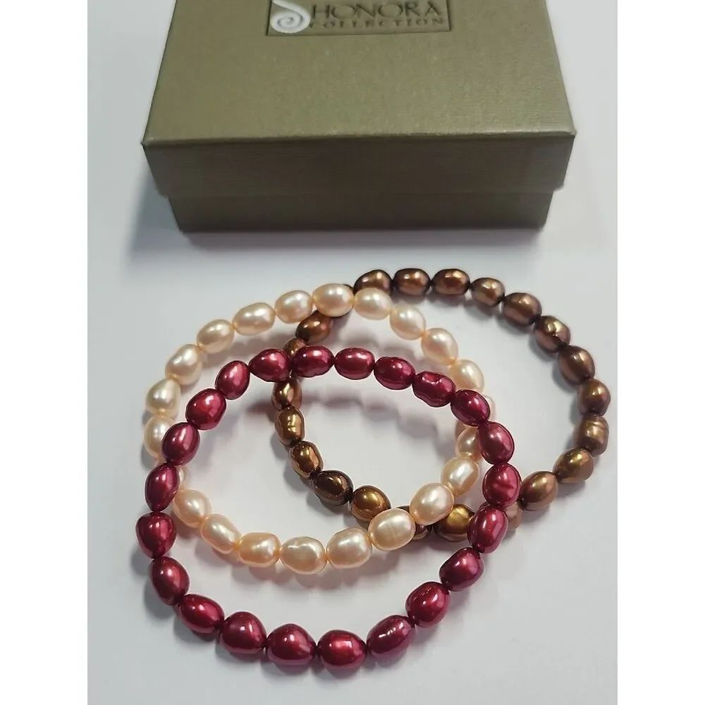 Honora Pearl Stretch Bracelets in Red, Brown, and Cream